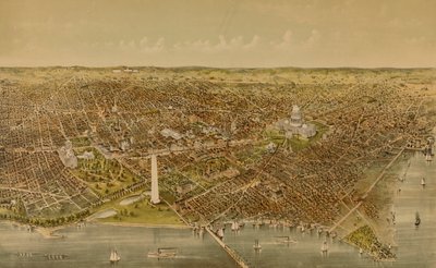 De stad Washington (Vogelvlucht vanaf de Potomac kijkend naar het noorden) door Currier and Ives