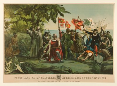 Eerste landing van Columbus op de kusten van de Nieuwe Wereld door Currier and Ives