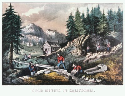 Goudmijnbouw in Californië door Currier and Ives
