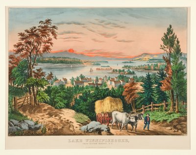 Lake Winnipiseogee, vanaf Centre Harbor, NH door Currier and Ives
