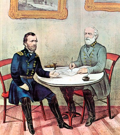 Ontmoeting van Generaals Grant en Lee, Amerikaanse Burgeroorlog, 1865 door Currier and Ives