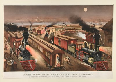 Nachtelijke scène bij een Amerikaans spoorwegknooppunt door Currier and Ives