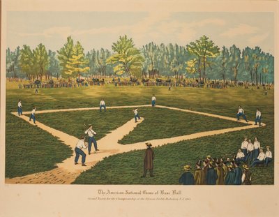 Het Amerikaanse Nationale Spel van Honkbal, ca. 1866 door Currier and Ives.