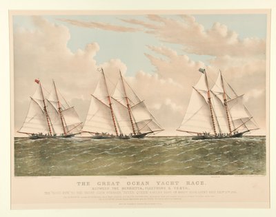 De grote oceaanjachtwedstrijd tussen de Henrietta, Fleetwing en Vesta door Currier and Ives
