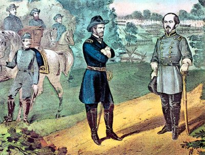 De overgave van de Geconfedereerde troepen in North Carolina, Amerikaanse Burgeroorlog, 1865 door Currier and Ives