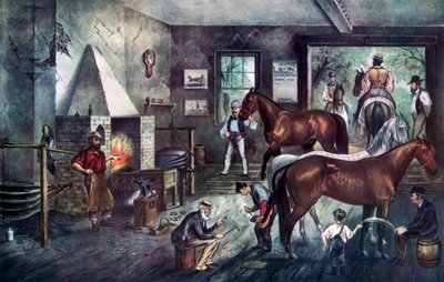 Trotting Cracks bij de Smidse, 1869 door Currier and Ives