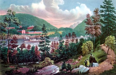 West Point, US Military Academy, vanaf de overkant van de oever, 1862 door Currier and Ives