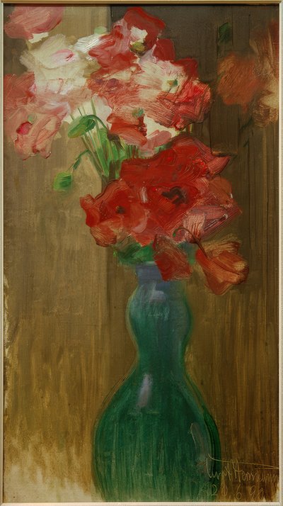 Papaver in dubbelbuikige glazen fles door Curt Herrmann