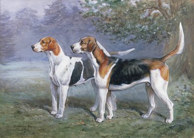 Een teef en hond in een landschap door Cuthbert Bradley
