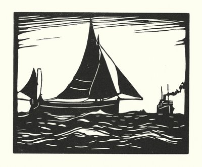 Vissersboten en Aken: Plymouth Hooker (houtsnede) door Cyril A. Wilkinson
