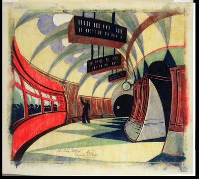 De metrowagen, c.1932 (linosnede) door Cyril Edward Power