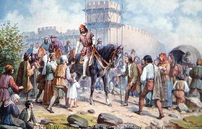 Karel IV begroet gewone mensen tijdens zijn uitbreiding van de vestingwerken van Praag in 1361, ansichtkaart uit het begin van de twintigste eeuw door Czech School