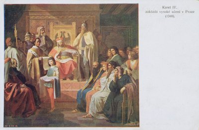 Oprichting van de Duitse Universiteit in Praag door Karel IV in 1348, vroege twintigste eeuw ansichtkaart door Czech School
