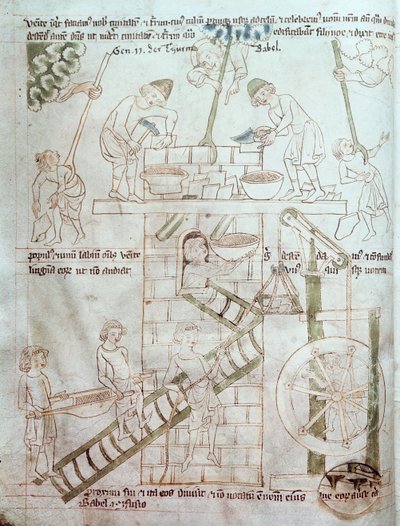 Ms 23 C 124 fol.3 De Bouw van de Toren van Babel, uit de Velislav Bijbel, c.1340 door Czech School