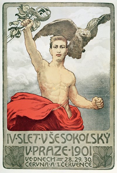 Poster ter promotie van de 4e Vergadering van Sokols in Praag in 1901 door Czech School