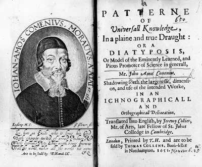 Titelpagina en frontispice van A Patterne of Universall Knowledge, inclusief een portret van Jan Amos Komensky, gegraveerd door George Glover, 1651 door Czech School