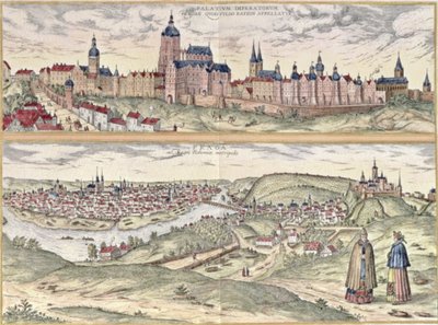 Uitzicht op Praag met (boven) het Keizerlijk Paleis (Hradschin) en (onder) de Vltava-rivier die de oude en moderne delen van de stad scheidt door Czech School