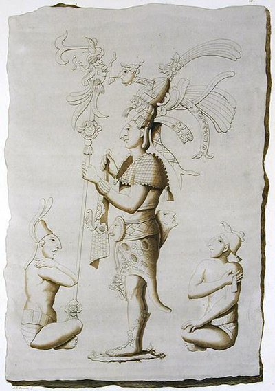 Een koning, sculptuur uit het Paleis, Palenque, Chiapas, Mexico door D.K. (after) Bonatti