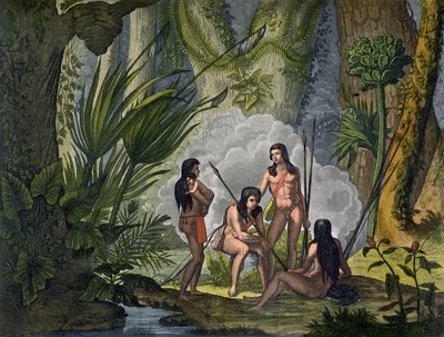 Camacani Stamleden in het bos in de Amazone jungle, Brazilië, uit 