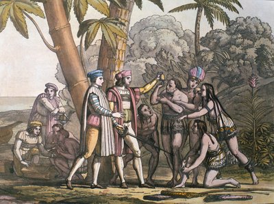 De aankomst van Christoffel Columbus in de Nieuwe Wereld en zijn ontmoeting met de inheemse volkeren door D.K. Bonatti