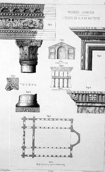 Plan en architectonische details van Imbrohor Dzamissi, de kerk van St. Johannes de Doper, uit 