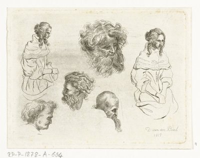 Studieblad met hoofden en vrouwenlichamen door D. van den Bosch