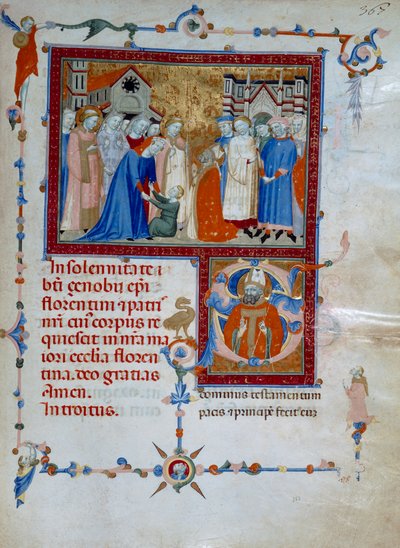 San Zanobi wekt een jongen op uit de dood (Codice Edili 107, c. 367), voor een Romeins Missaal door Daddesco Maestro
