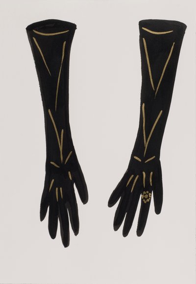 Zwarte handschoenen, 2017 (zwarte india-inkt, met gouden viltstift op papier) door Daisy de Villeneuve