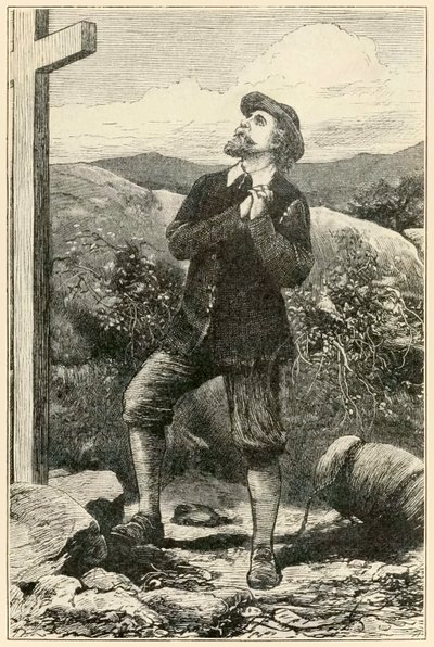 Christian voor het kruis" uit "De Pelgrimsreis Van Deze Wereld, Naar Die Welke Komt" door John Bunyan door Dalziel Brothers