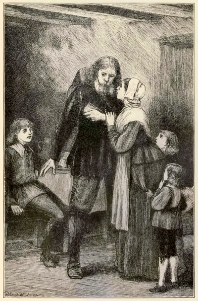 Christian vertrouwt zijn vrouw uit De Pelgrimsreis Van Deze Wereld, Naar Die Welke Komt door John Bunyan (1628-1688) illustratie door Thomas Dalziel (1823-1906) door Dalziel Brothers
