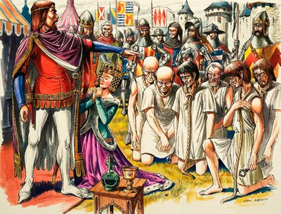 Burgers van Calais en koning Edward III van Engeland in 1347 (gouache op papier) door Dan Escott