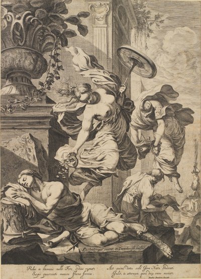 Allegorie met Fortuna en een slapende kunstenaar in antiek kostuum door Dancker Danckerts