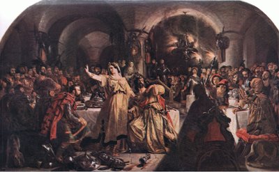 De geest van Banquo (Macbeth) "Prithee, kijk daar! zie! kijk! Lo! Hoe zeg je?", uit The Complete Works of William Shakespeare pub. door J Coker & Co Ltd (kleur litho) door Daniel Maclise