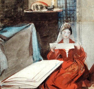 Een dame in een middeleeuws kostuum die de inhoud van een portfolio bestudeert door Daniel Maclise