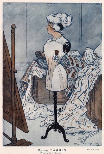 Madame Jeanne Paquin (1869-1936), Franse modeontwerpster, afgebeeld met het kruis van het Legioen van Eer dat ze zojuist heeft ontvangen - illustratie door Daniel De Losques in Fantasio van 1913 door Daniel de Losques