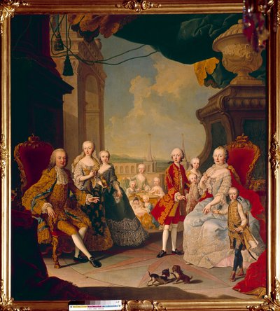 Francois I van het Heilige Roomse Rijk (1708-1765) en zijn vrouw keizerin Marie Therese I (1717-1780) met hun elf kinderen op het terras van het kasteel van Schonbrunn. De toekomstige koningin Marie Antoinette poseert in het midden nog als baby. door Daniel (and Studio) (after) Mytens