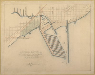 Plaat 72 uit Het plan van Chicago, 1909: Chicago. Schetsdiagram van dokken voorgesteld bij de monding... door Daniel Burnham