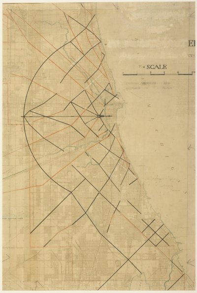 Plate 91 uit The Plan of Chicago, Chicago, voorgestelde diagonale wegen door Daniel Burnham