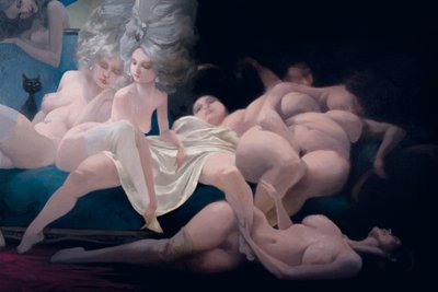 De jonge bruid en haar vrienden (detail), uit Blauwbaard door Charles Perrault (1628-1703) door Daniel Cacouault