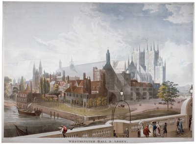 Uitzicht op Westminster Hall en Abbey, vanaf Westminster Bridge, Londen, 1819 door Daniel Havell