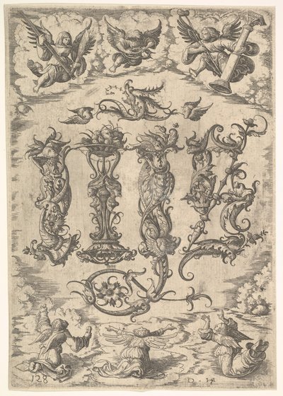 IHS-monogram omringd door zes engelen, ca. 1485-1536 door Daniel Hopfer