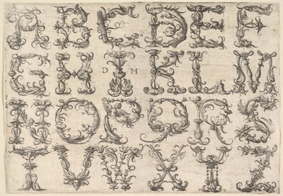 Versierd Romeins majuskule alfabet, ca. 1520 door Daniel Hopfer