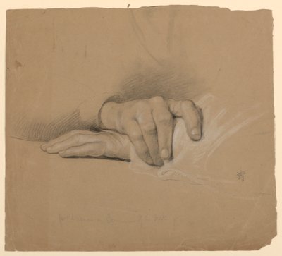 Studie van handen voor oudere vrouw in "Communie van de zieken" door Daniel Huntington