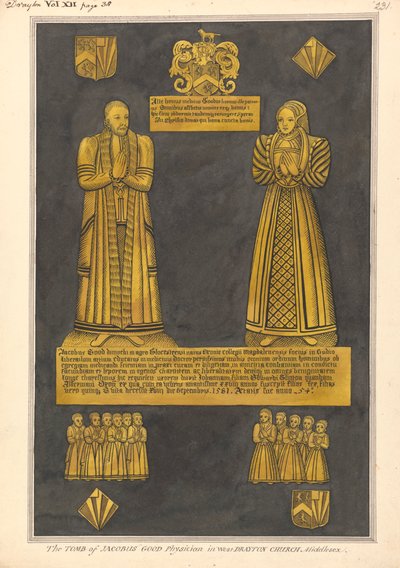 Messingplaat voor Dr. James Goode en zijn vrouw Joan, dochter van Edward Clinton, West Drayton Church door Daniel Lysons
