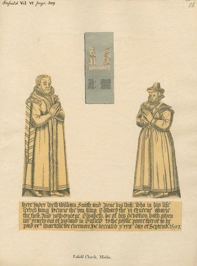 Koperen plaat voor William en Jane Smith van Enfield Church door Daniel Lysons