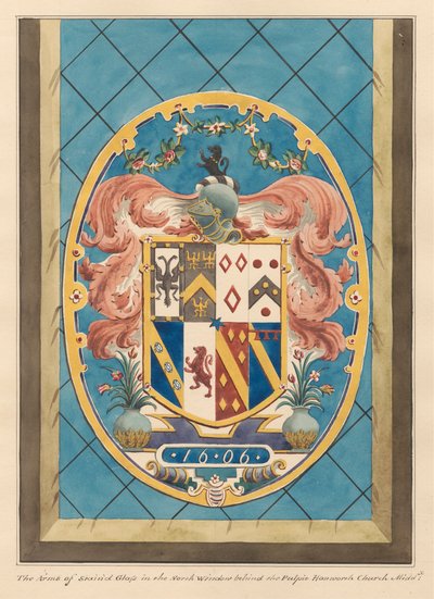 Wapen in glas-in-loodraam achter de preekstoel van Hanworth Church door Daniel Lysons