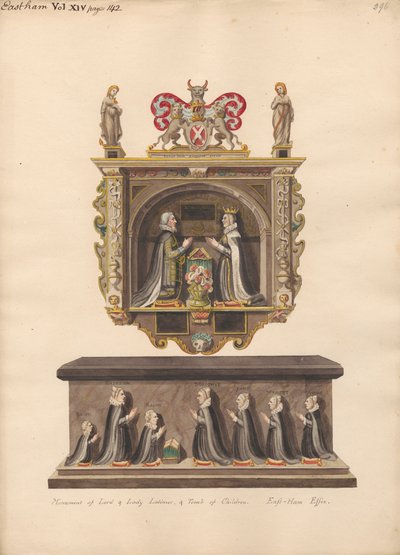 Gedenkteken voor Lord en Lady Latimer en Graf van de kinderen Ralph, Katherin, Ralph, Dorothye, Jane, Margaret en Anne uit East Ham Kerk door Daniel Lysons