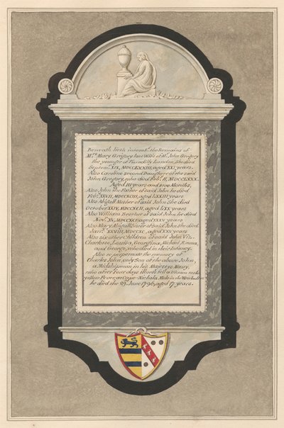 Gedenkteken voor mevrouw Mary Gregory, Caroline Gregory, John Gregory, Abigail Gregory, William Gregory, Mary Abigail Gregory, zes kinderen: Charlotte, Louisa, Georgina, Michael, Emma en George Gregory en Charles John Gregory uit Cranford Church door Daniel Lysons