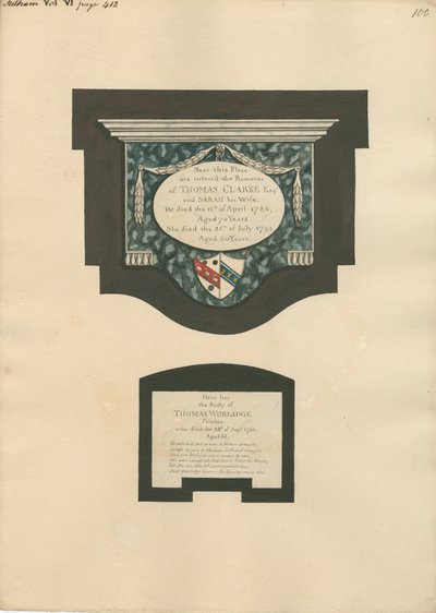 Gedenkteken voor Thomas Clarke en vrouw Sarah en Thomas Worlidge van Fulham Church door Daniel Lysons