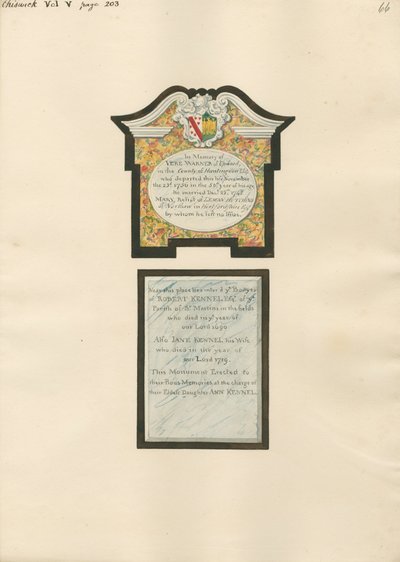 Monument voor Vere Warner, Robert en Jane Kennel uit Chiswick Church door Daniel Lysons